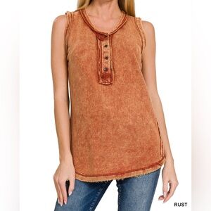 Women's Sleeveless Half Button-Up 100% Cotton Henly Top in Rust